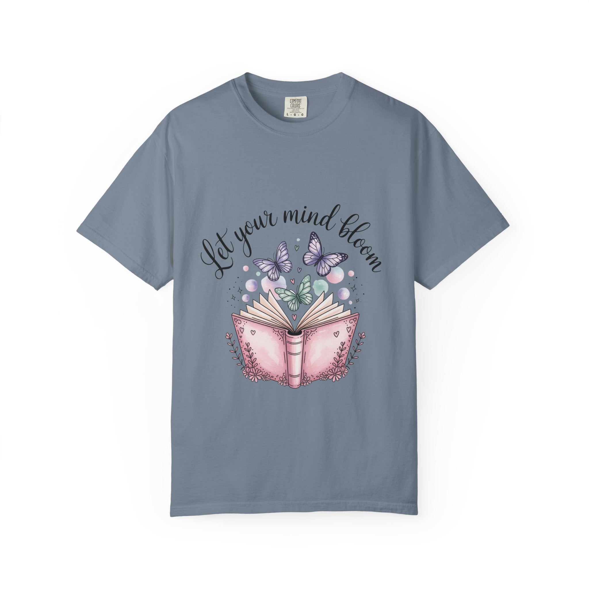 T-Shirt — “Let Your Mind Bloom” Book & Butterflies Graphic Tee