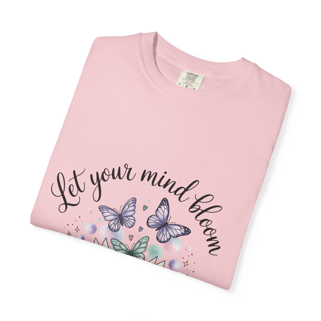 T-Shirt — “Let Your Mind Bloom” Book & Butterflies Graphic Tee